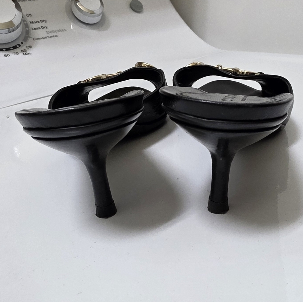 Gucci Black Leather Horsebit Kitten Heel Slides with Gold Hardware GG - Picture 7 of 9